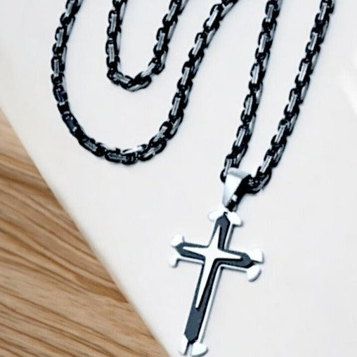 Two Tone Black/Silver Cross Tag pendant necklace, Men's Stainless Steel necklace, 22 inches