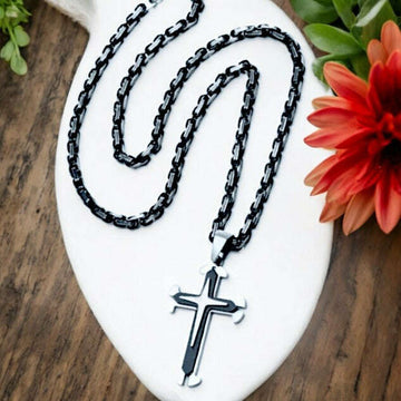 Two Tone Black/Silver Cross Tag pendant necklace, Men's Stainless Steel necklace, 22 inches