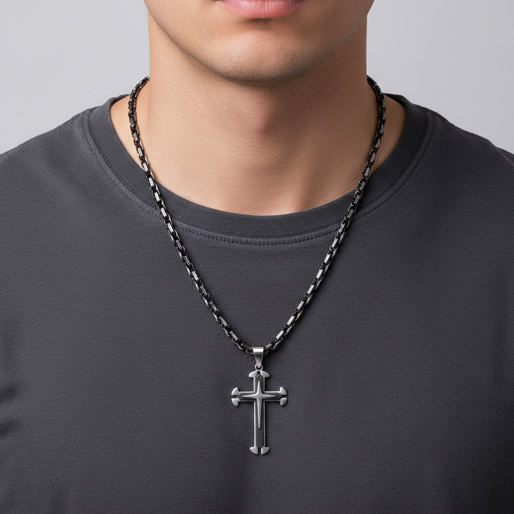 Two Tone Black/Silver Cross Tag pendant necklace, Men's Stainless Steel necklace, 22 inches