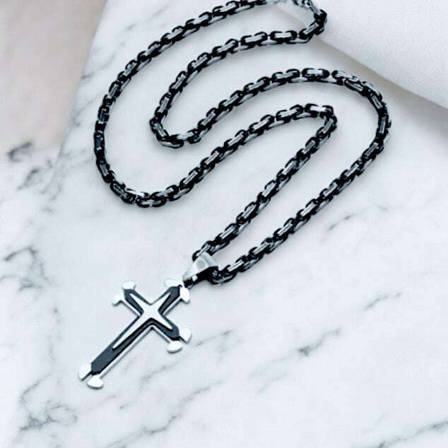 Two Tone Black/Silver Cross Tag pendant necklace, Men's Stainless Steel necklace, 22 inches