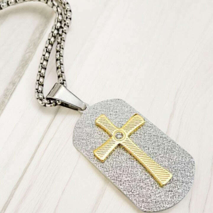 Two Tone Cross Tag pendant necklace, Men's Stainless Steel necklace, 22 inches