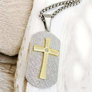 Two Tone Cross Tag pendant necklace, Men's Stainless Steel necklace, 22 inches