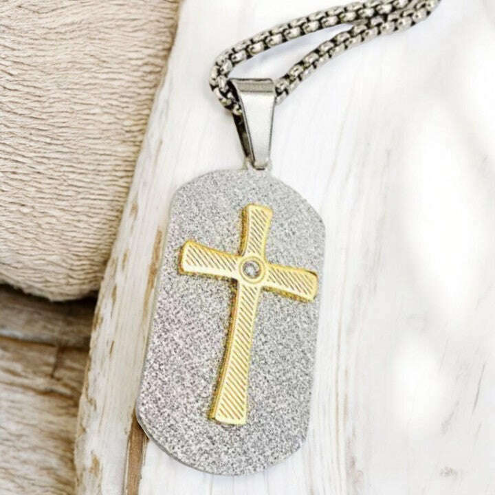 Two Tone Cross Tag pendant necklace, Men's Stainless Steel necklace, 22 inches