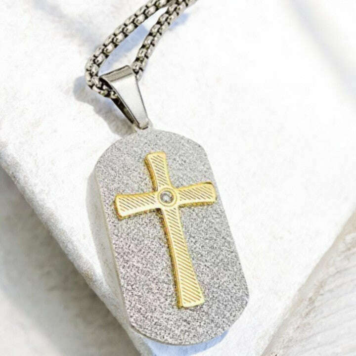 Two Tone Cross Tag pendant necklace, Men's Stainless Steel necklace, 22 inches