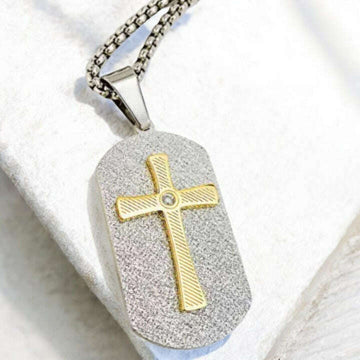 Two Tone Cross Tag pendant necklace, Men's Stainless Steel necklace, 22 inches