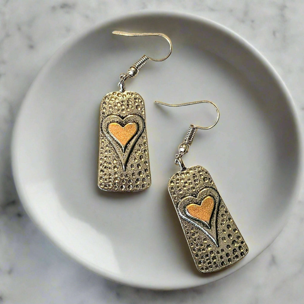 Two-Tone Heart Tag Dangle Earrings