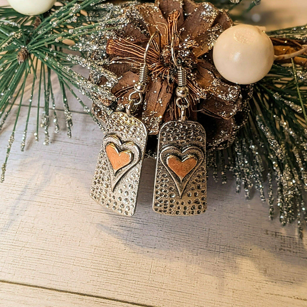 Two-Tone Heart Tag Dangle Earrings