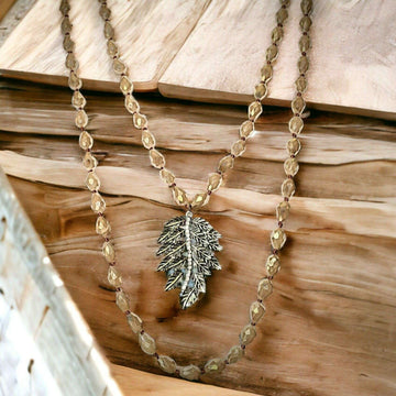 Two-Tone Leaf Champagne Crystal Necklace - 60 inch