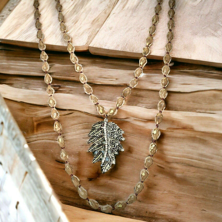 Two-Tone Leaf Champagne Crystal Necklace - 60 inch