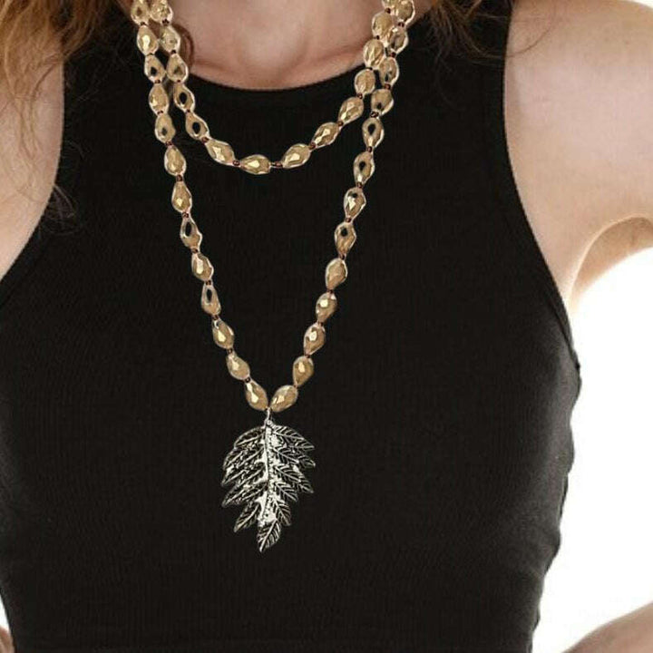 Two-Tone Leaf Champagne Crystal Necklace - 60 inch