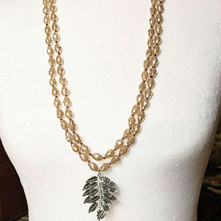 Two-Tone Leaf Champagne Crystal Necklace - 60 inch