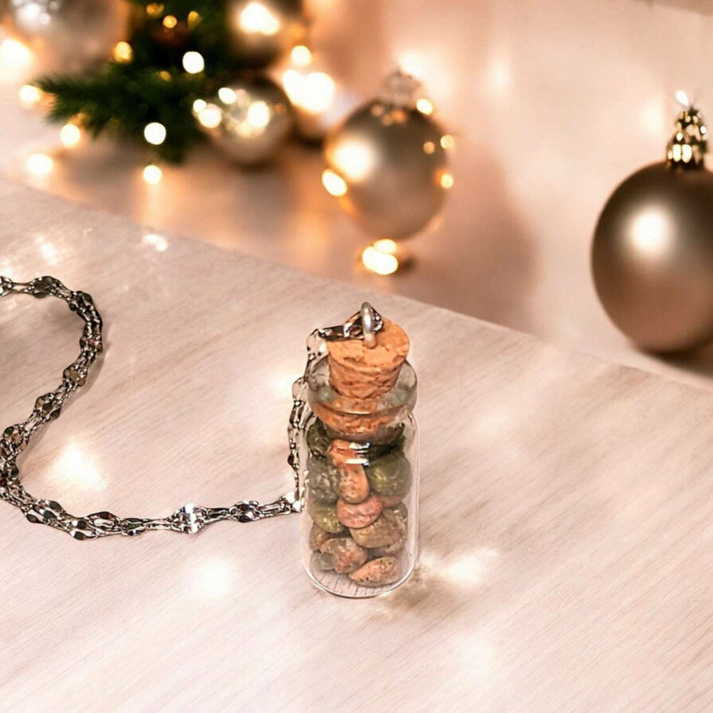 Unakite Gemstone Bottle Necklace, 20 or 24 inch, Silver/Gold