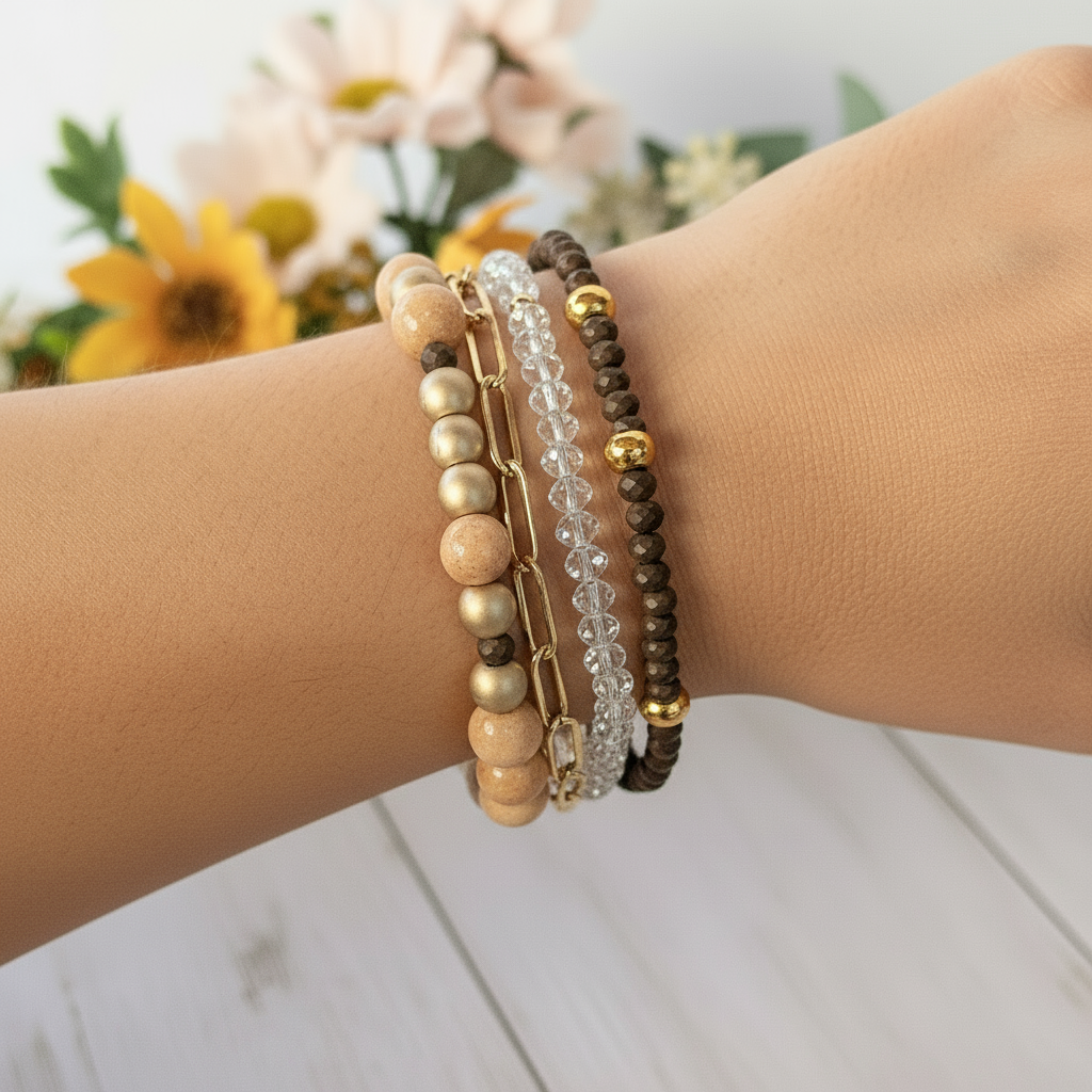 Warm Honey Beaded layered cuff bracelet