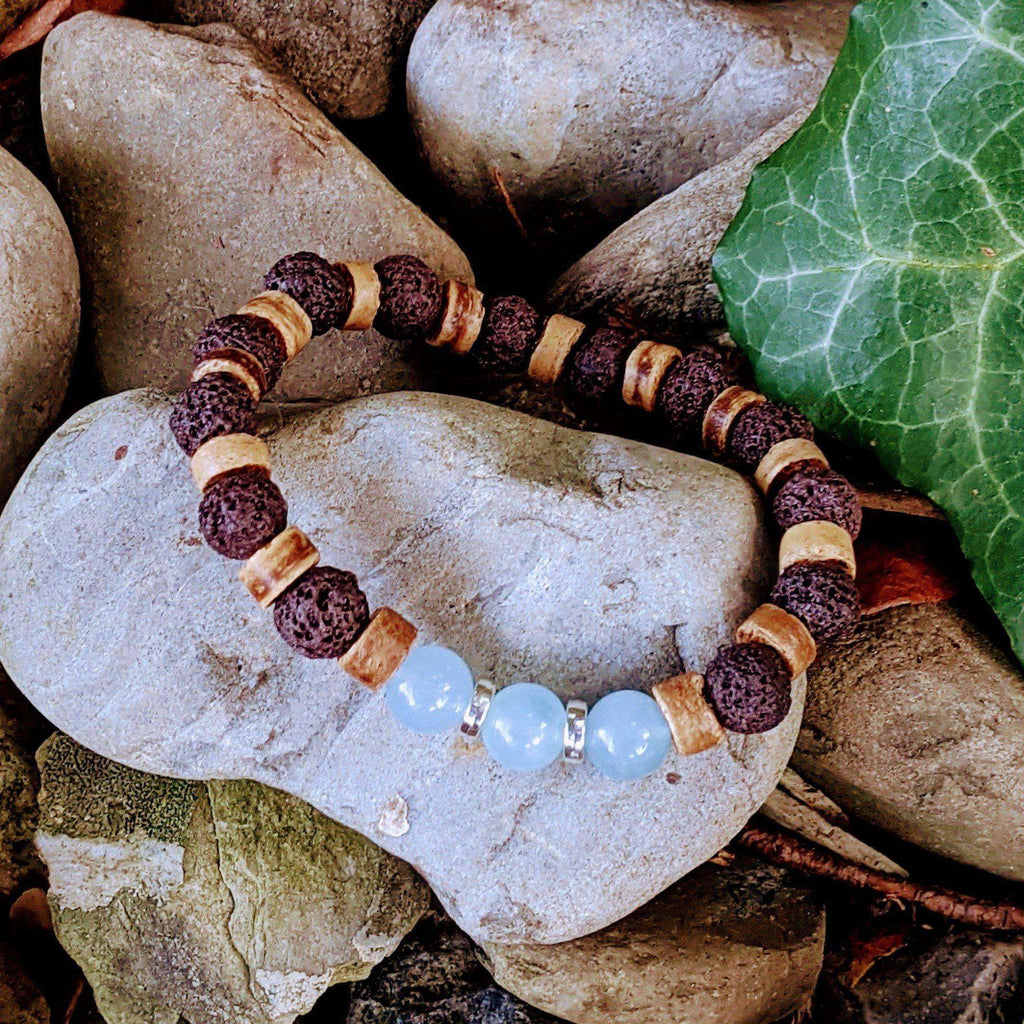 Aquamarine Gemstone Lava Bead Stretch bracelet-MARCH Birthstone