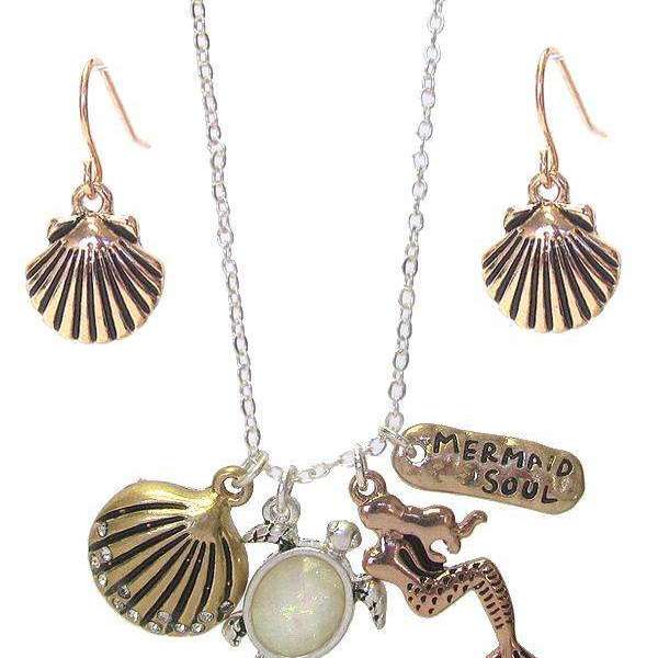Two Tone Mermaid Sea Life Charm Necklace / Earring Set