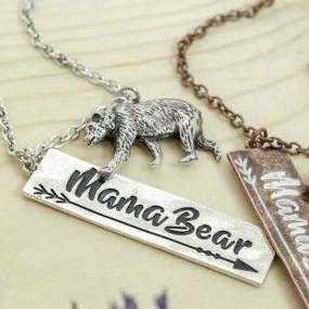 Silver Mama Bear Charm Necklace, 23 inch