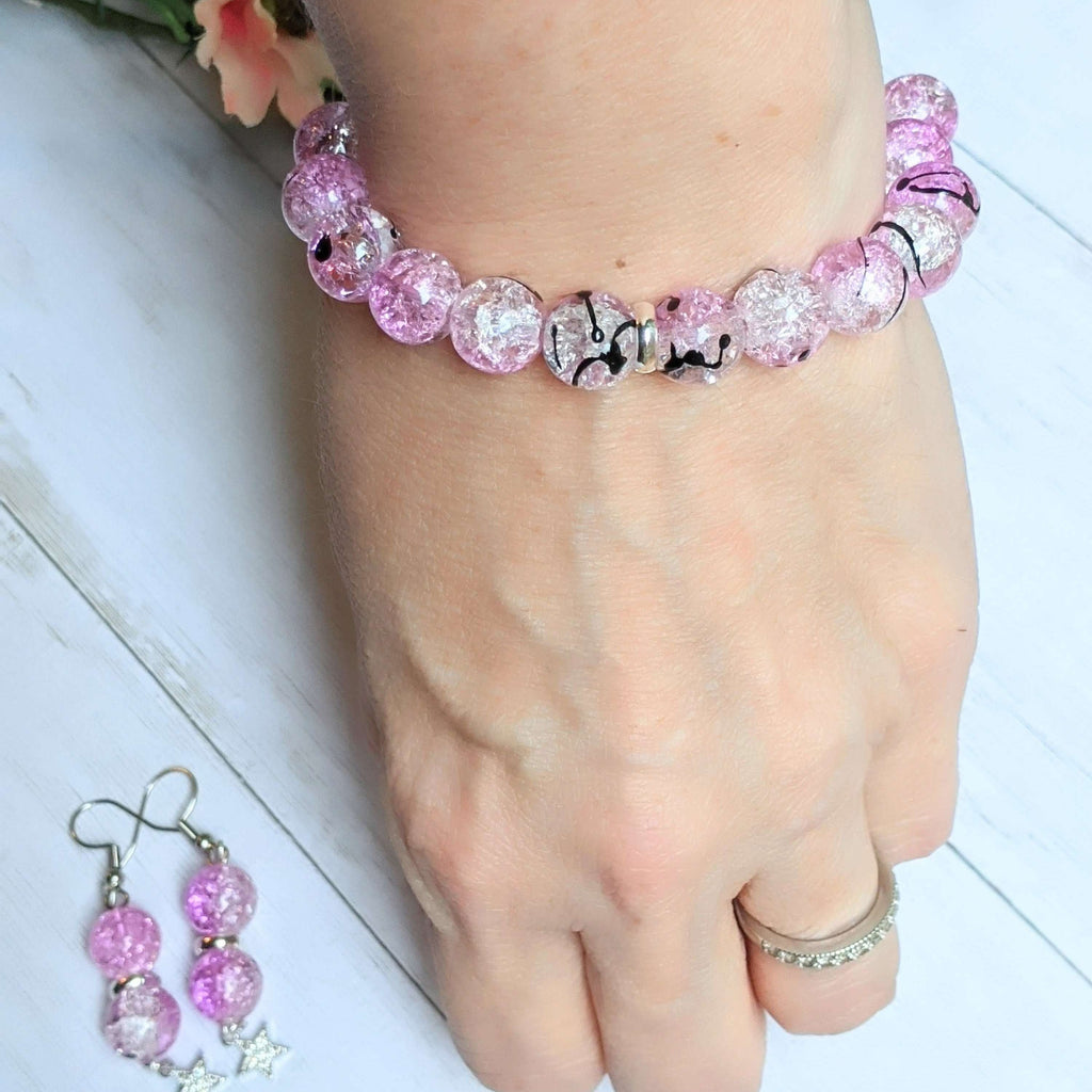 Lavender Pink Crackle Bead Star Bracelet/Earring Set