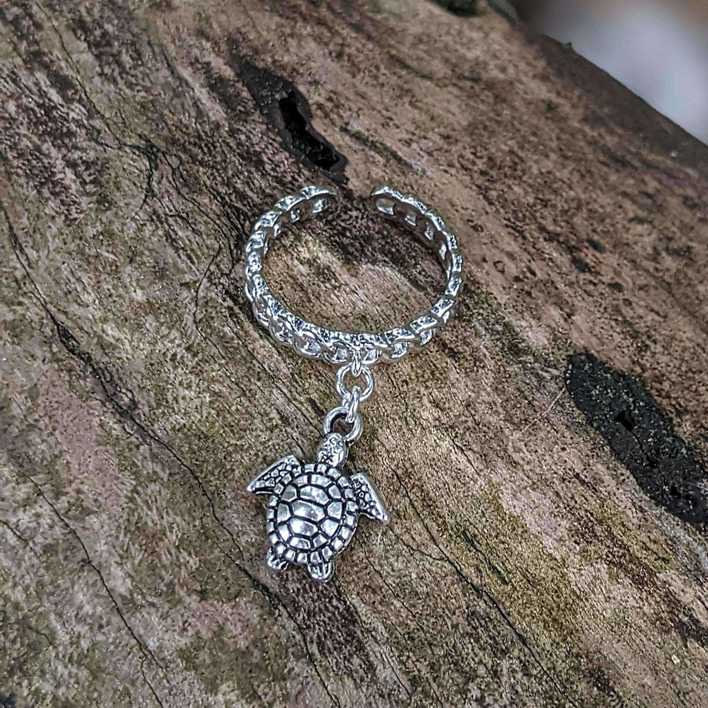 Sterling Silver Sea Turtle Chain Link Charm Ring