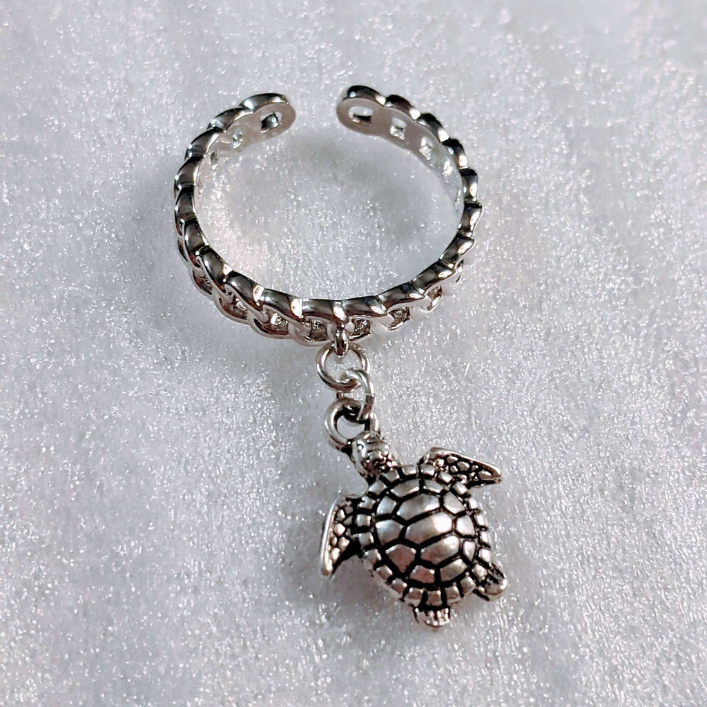 Sterling Silver Sea Turtle Chain Link Charm Ring