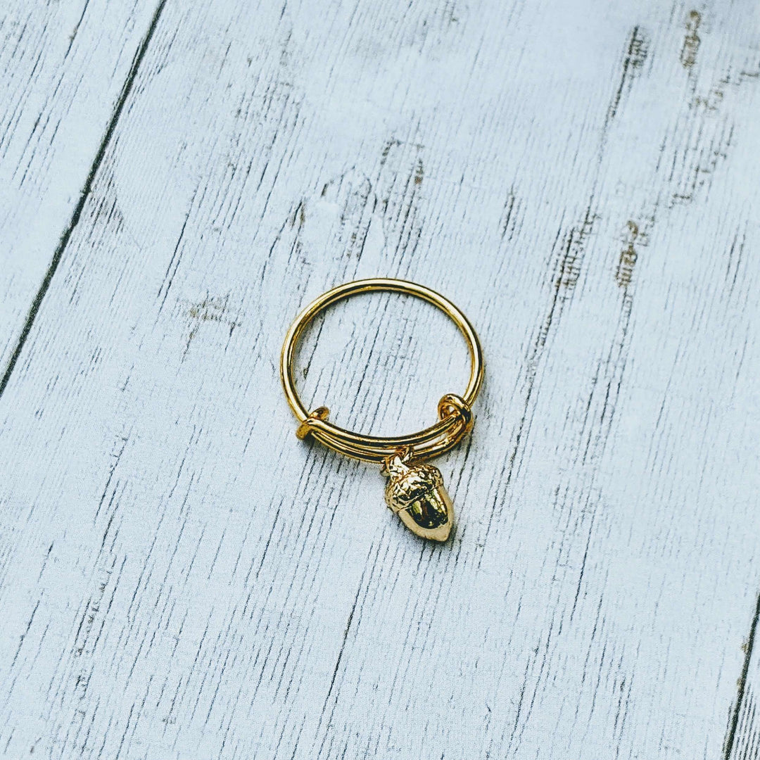 Tiny Acorn Expandable Charm Ring - Gold