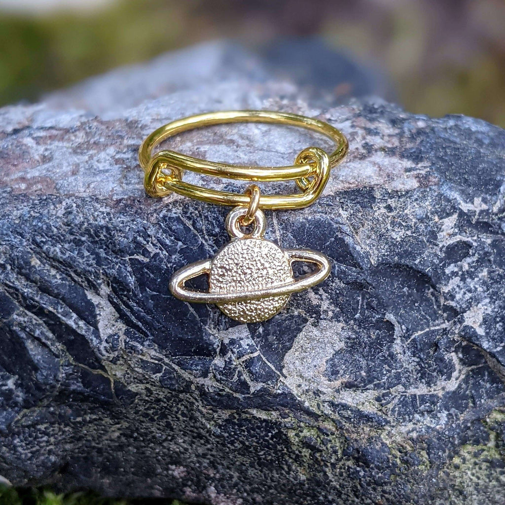 Gold Celestial Saturn Expandable Charm Ring, Adjustable Gold charm dangle ring