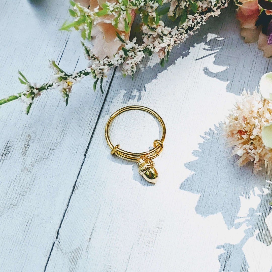 Tiny Acorn Expandable Charm Ring - Gold
