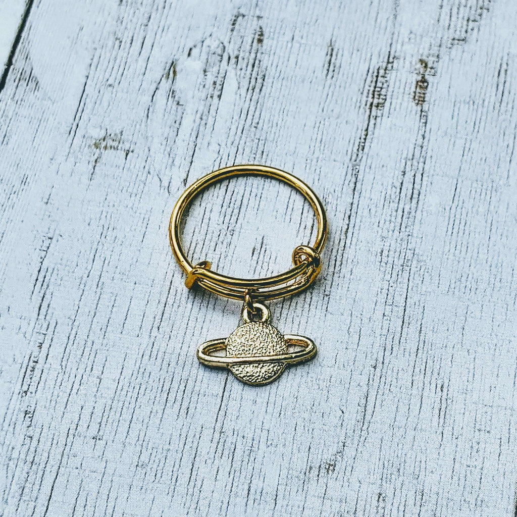 Gold Celestial Saturn Expandable Charm Ring, Adjustable Gold charm dangle ring