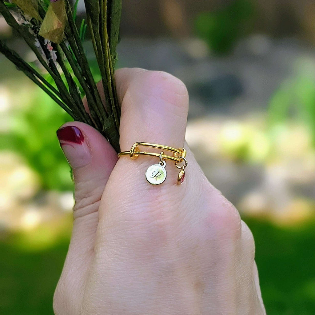 Gold Expandable Initial & Birthstone Charm Ring,Gift for her