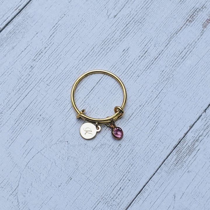 Gold Expandable Initial & Birthstone Charm Ring,Gift for her