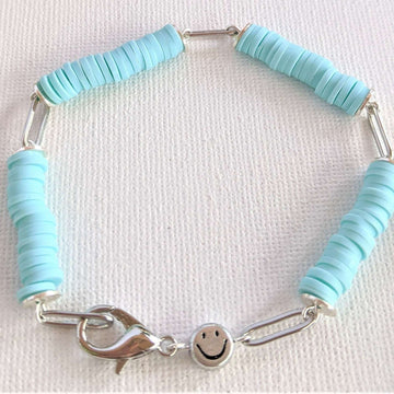 Aqua Blue Smiley Stainless Steel Paperclip Chain Bracelet