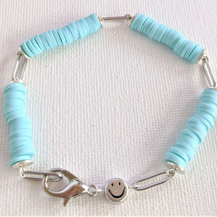 Aqua Blue Smiley Stainless Steel Paperclip Chain Bracelet