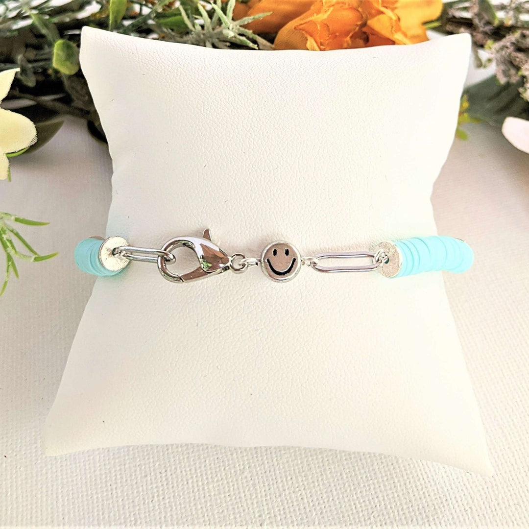 Aqua Blue Smiley Stainless Steel Paperclip Chain Bracelet