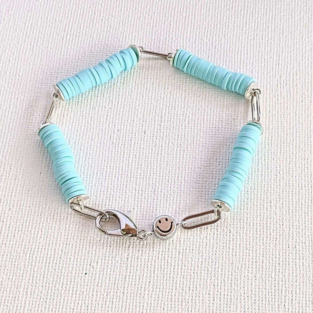 Aqua Blue Smiley Stainless Steel Paperclip Chain Bracelet