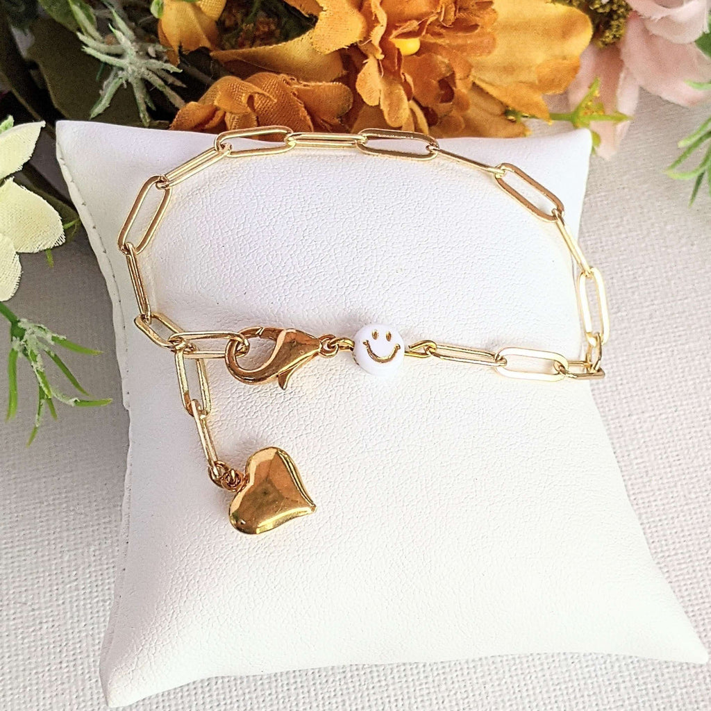 Gold Smiley Stainless Steel Paperclip Chain Bracelet