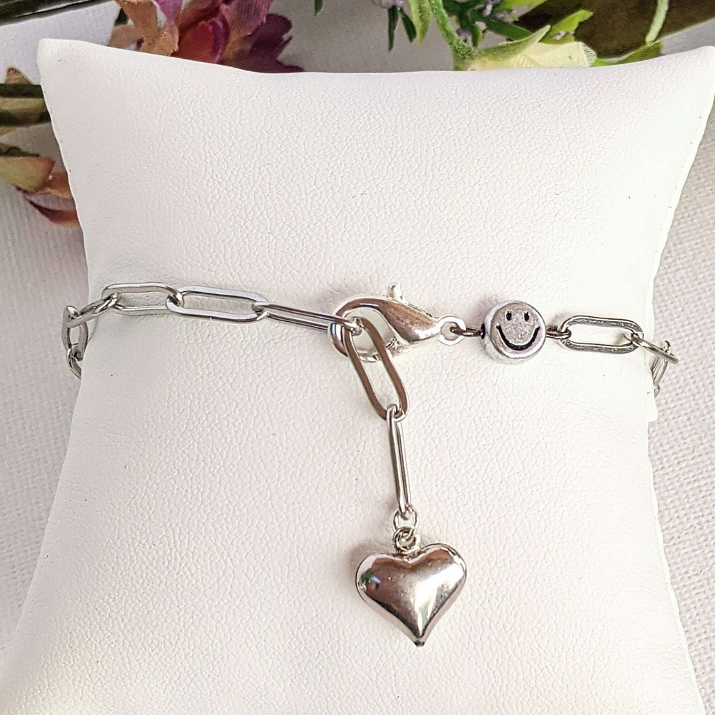 Silver Smiley Stainless Steel Paperclip Chain Bracelet
