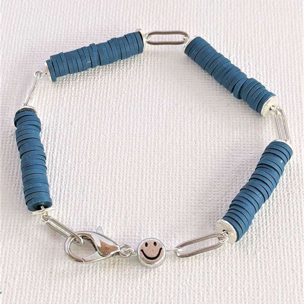 Dark Blue Smiley Stainless Steel Paperclip Chain Bracelet