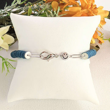 Dark Blue Smiley Stainless Steel Paperclip Chain Bracelet
