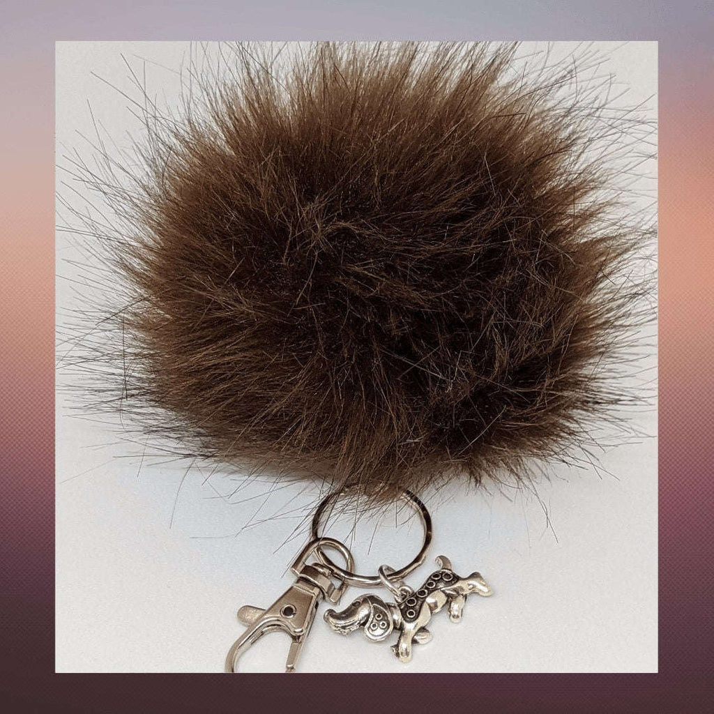 Dachshund Keychain/Faux Fur Pom Pom Charm Key Chain-Purse Charm/Journal Charm