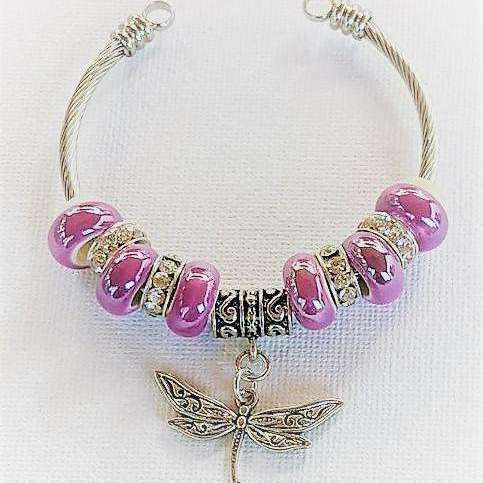 Lavender Beaded Dragonfly Euro Cuff Bangle