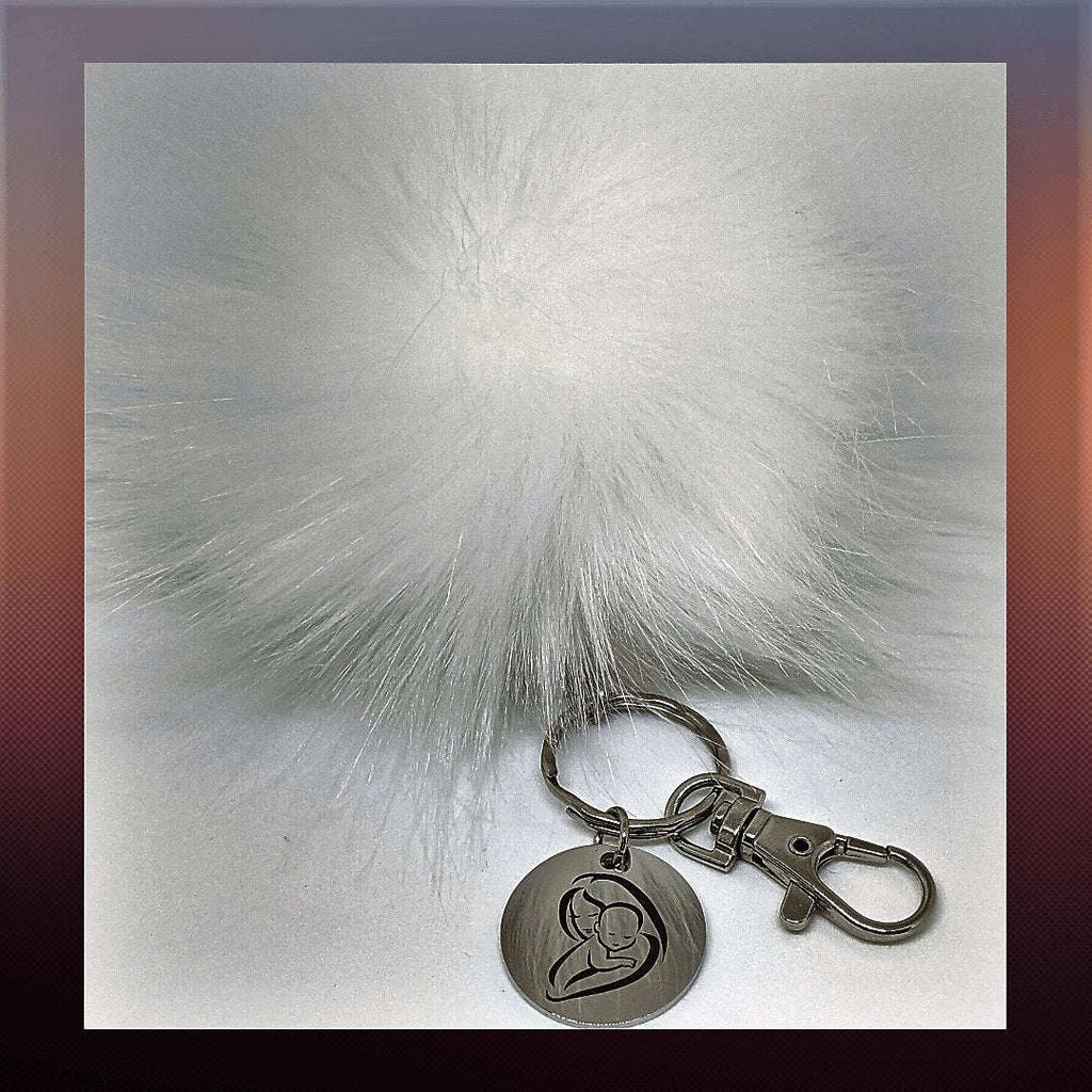 Mother and Child Keychain/Faux Fur Pom Pom Charm Key Chain-Purse Charm/Journal Charm