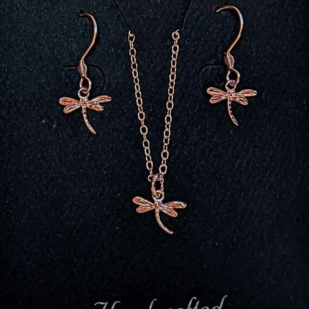 Dragonfly Rose Gold necklace/earrings set, 18 inch