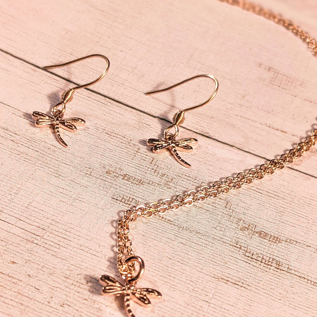 Dragonfly Rose Gold necklace/earrings set, 18 inch Necklace Only