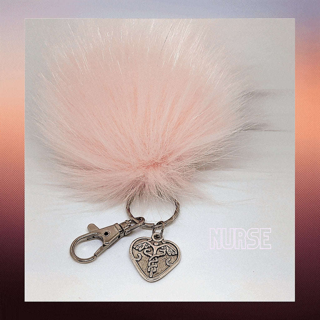 Nurse-Medical Worker Keychain/Faux Fur Pom Pom Charm Key Chain-Purse Charm/Journal Charm