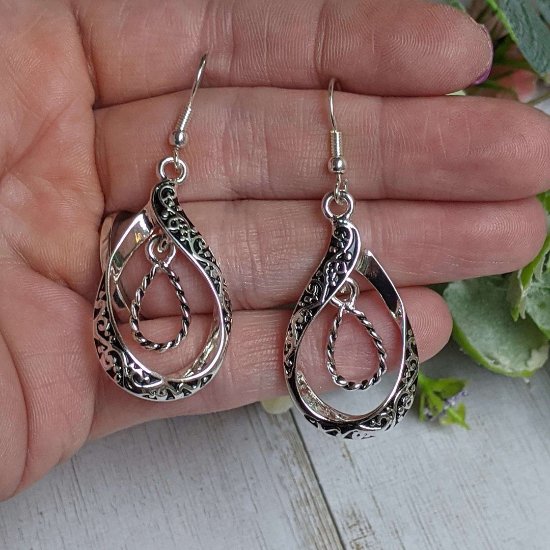 Double Tear Drop Ornate Dangle Earrings
