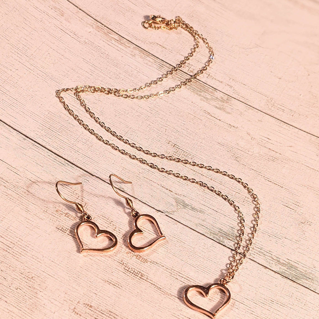 Open Heart Rose Gold necklace and earring set, 18 inch Necklace Only
