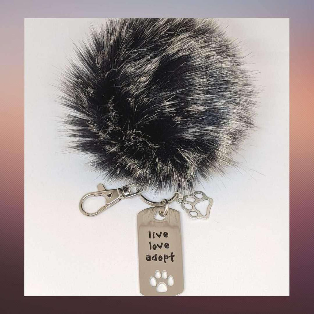 Live Love Adopt Keychain/Pom Pom and charm Key Chain/Dog Cat Adoption-Purse Charm/Journal Charm