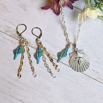 Scallop Beach Shell Necklace / Earring Set, Sterling Silver - 20 inch