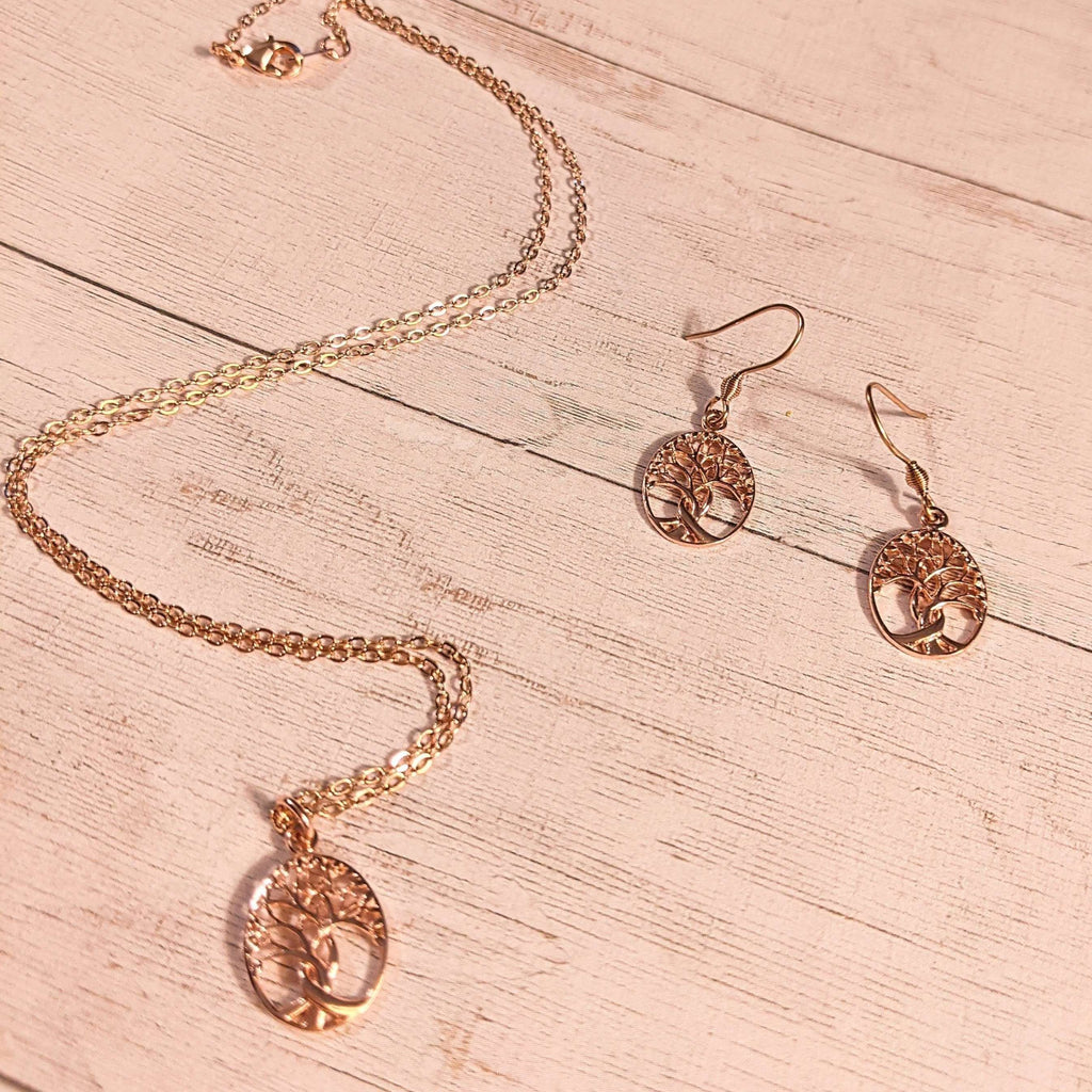 Tree of Life Rose Gold necklace earrings set,18 inch Necklace Only