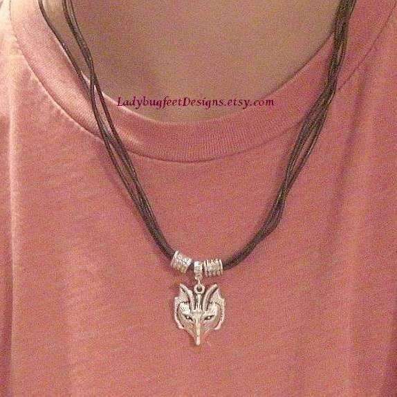 Wolf Pendant triple strung leather necklace, approx 22 inches, Unisex