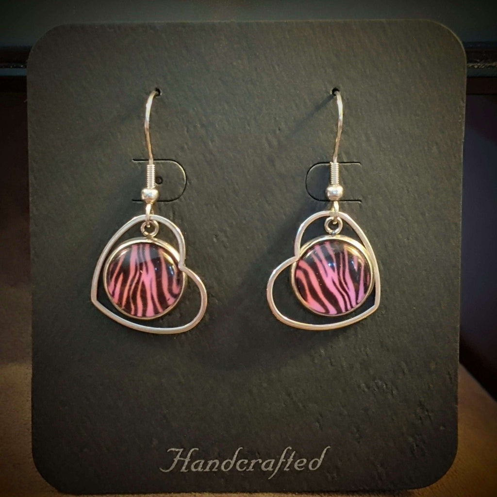 Pink Tiger Print Stainless Steel Heart hook earrings